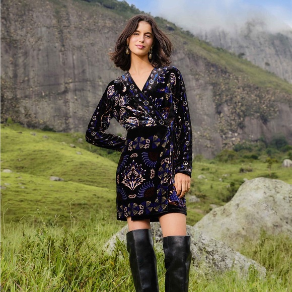 FARM RIO Black Arabesque Mix Scarves Wrap Mini Dress L